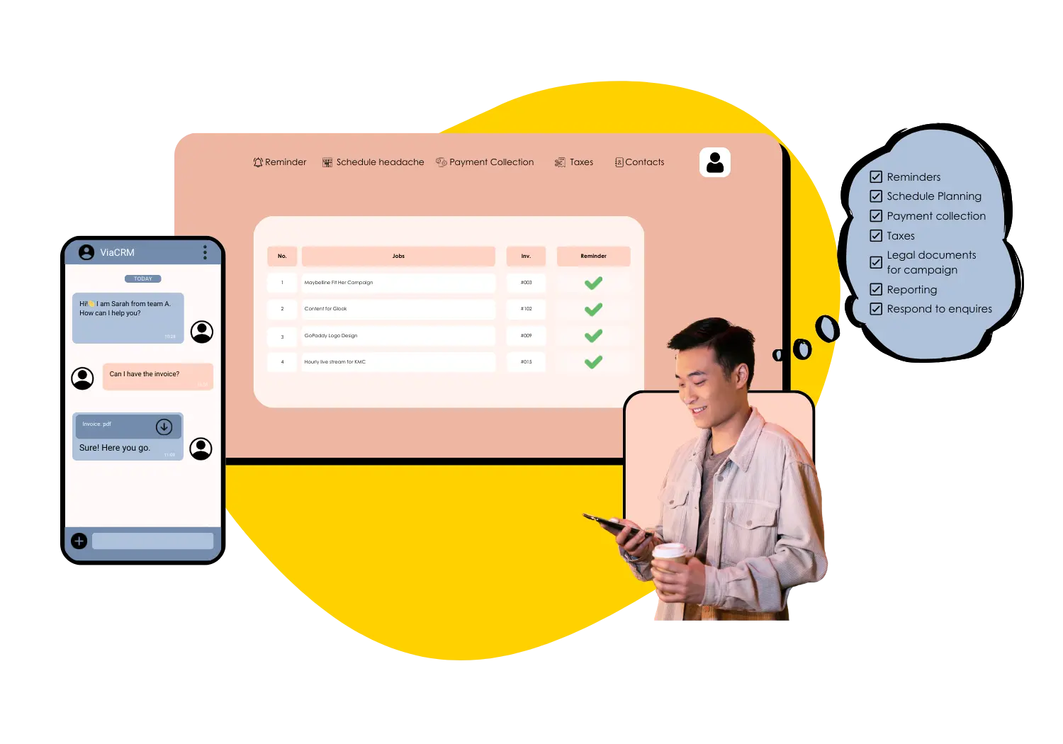 ViaCRM dashboard and WhatsApp chat for managing influencer campaigns