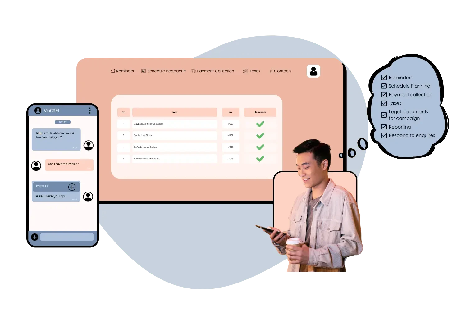 ViaCRM dashboard and WhatsApp chat for managing influencer campaigns